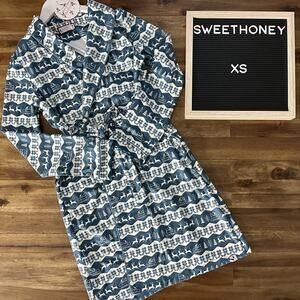 NWT SweetHoney Classic Lounge Robe Blue Cream Fair Isle Sleigh Ride Cozy XS